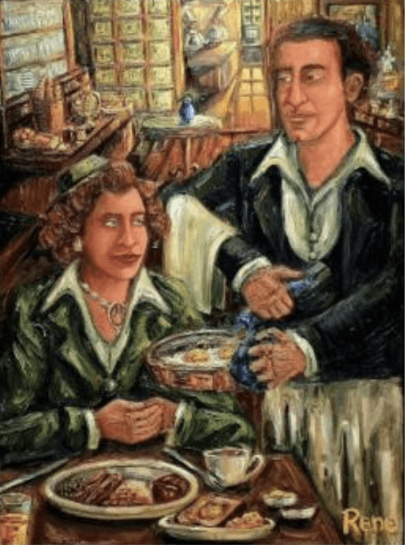 herd of sheep on road painting