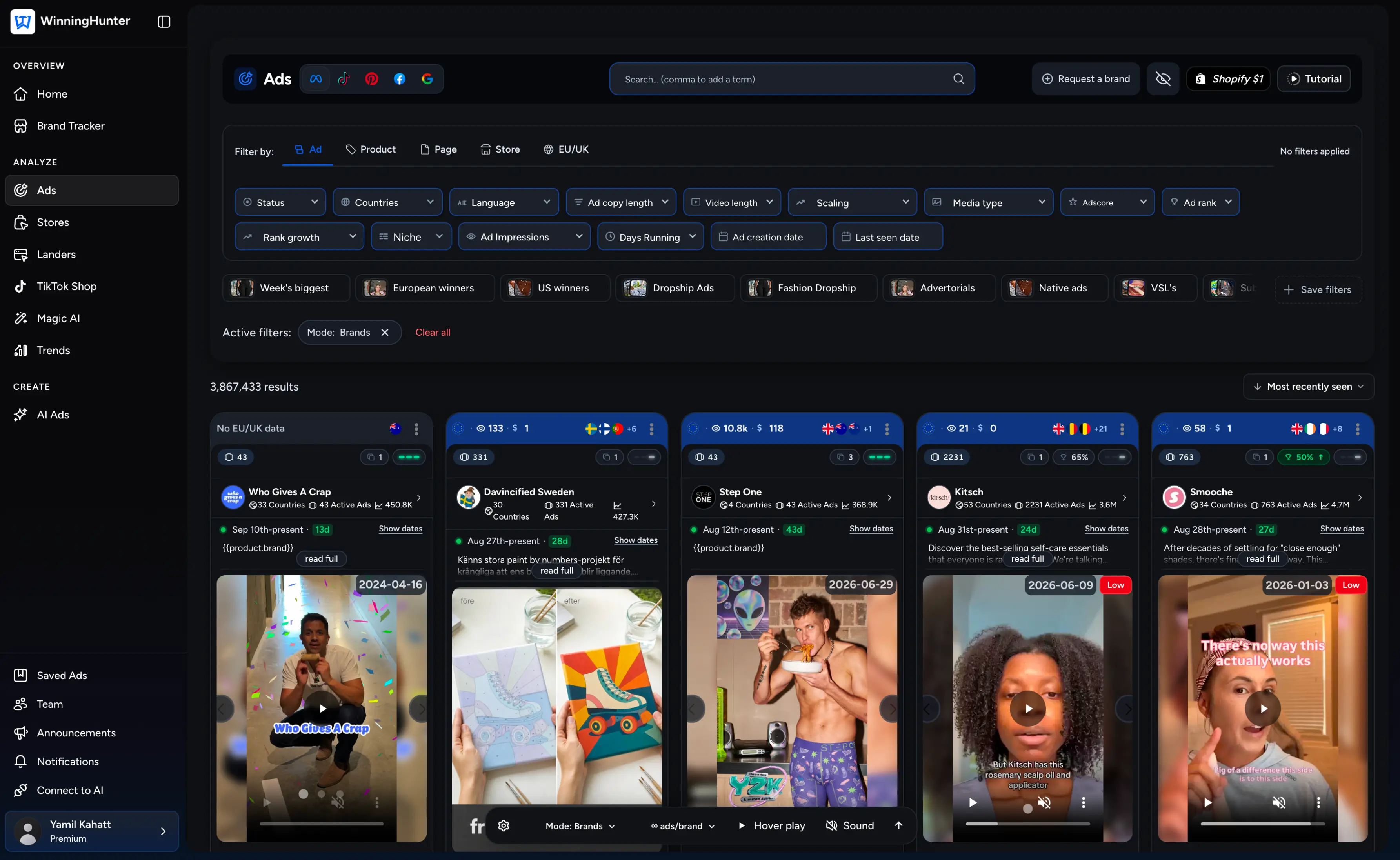 WinningHunter Ads library with filters and a grid of winning video ads