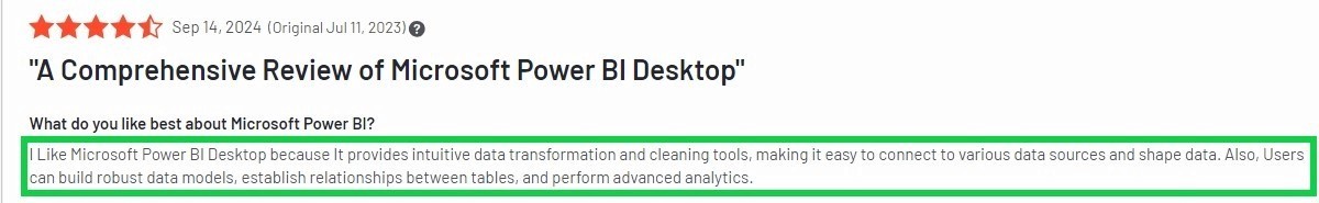Microsoft Power BI user review highlighting intuitive data transformation, modeling, and multi-source integration