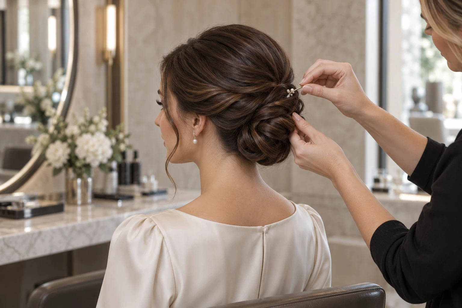 Stylist arranging an elegant low updo