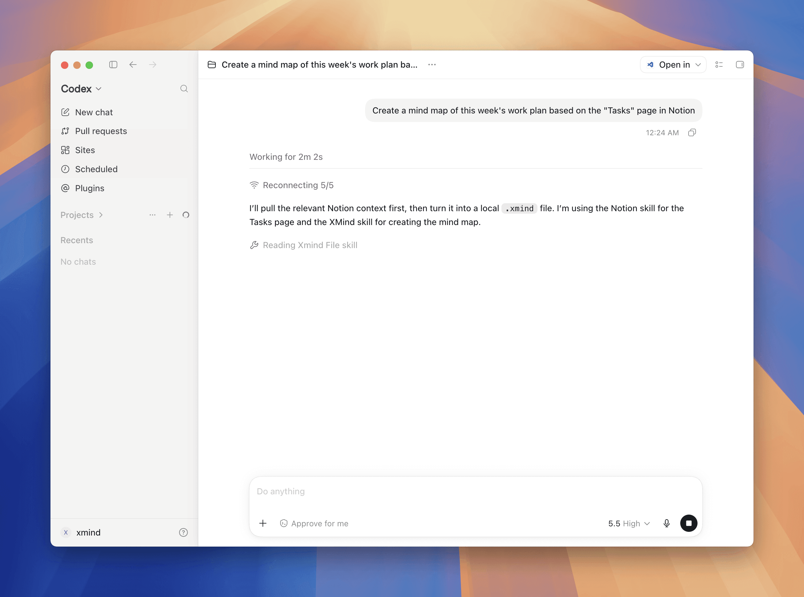AI agent creating an Xmind mind map from Notion content using Xmind Skill and CLI