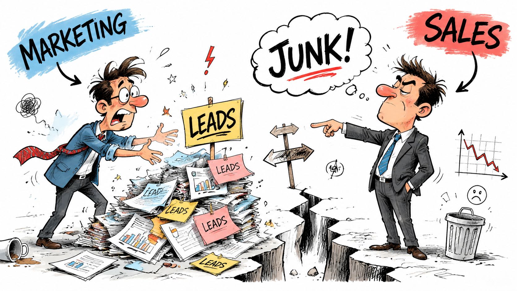 A cartoon illustration showing the conflict between marketing and sales departments over low-quality business leads.