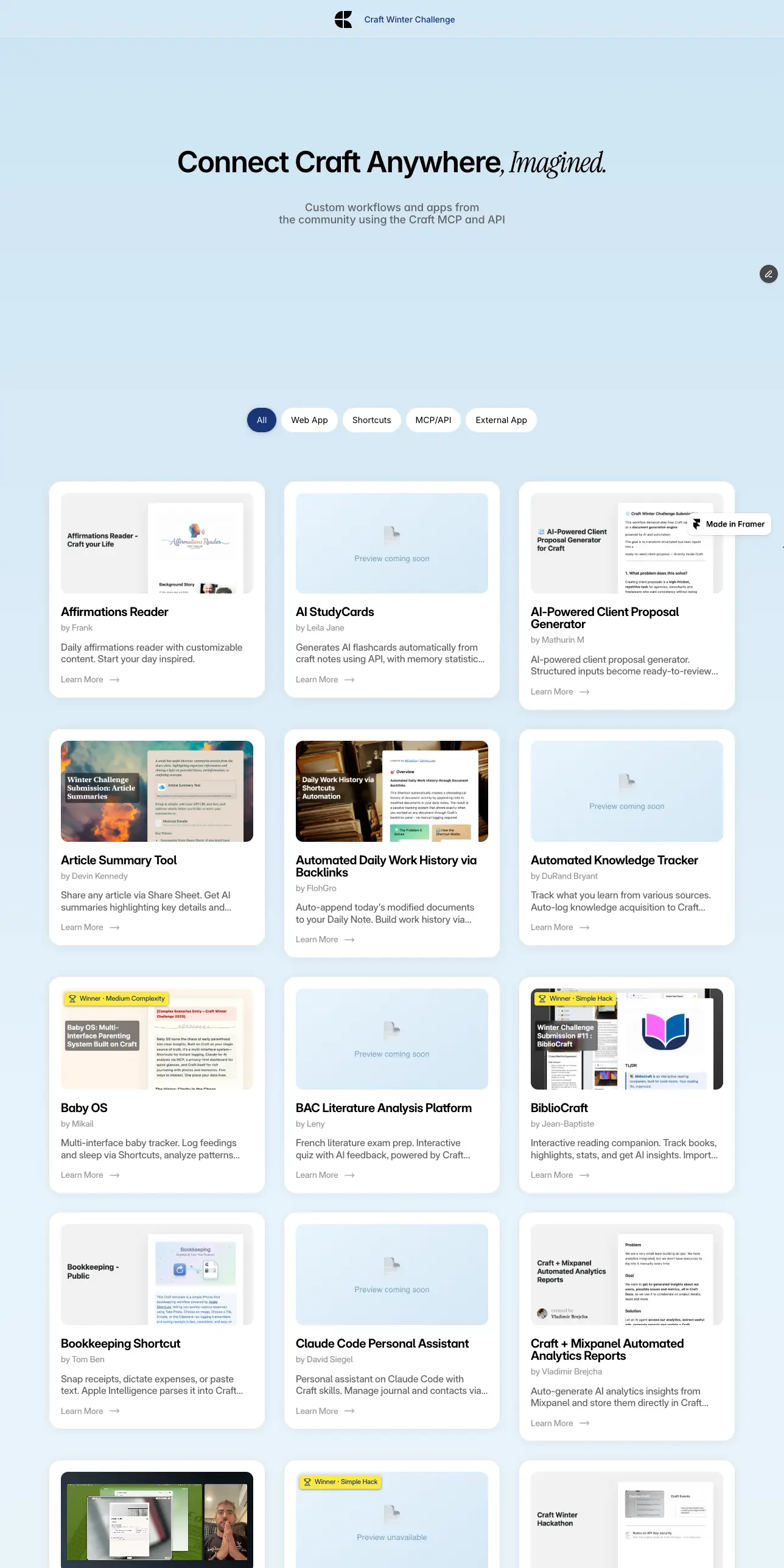 Craft Winter Challenge site, with every card pulled live from an external Craft CMS