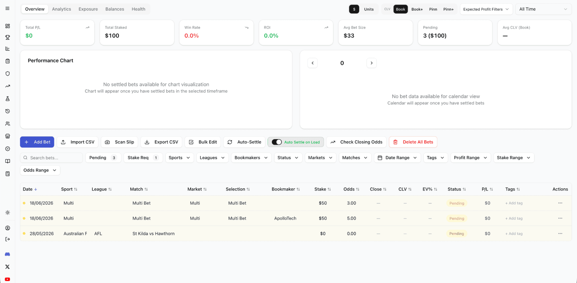 Betsniper's Bet Tracker screen with two pending multi bets and a tracker put on an AFL match for St Kilda vs. Hawthorn.