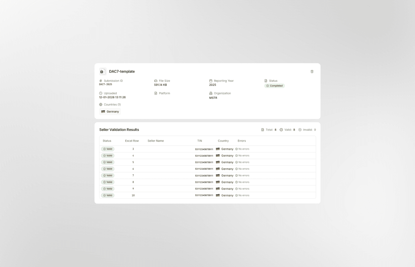  DAC7-X validatierapport met gevalideerde fiscale nummers en real-time seller validation results