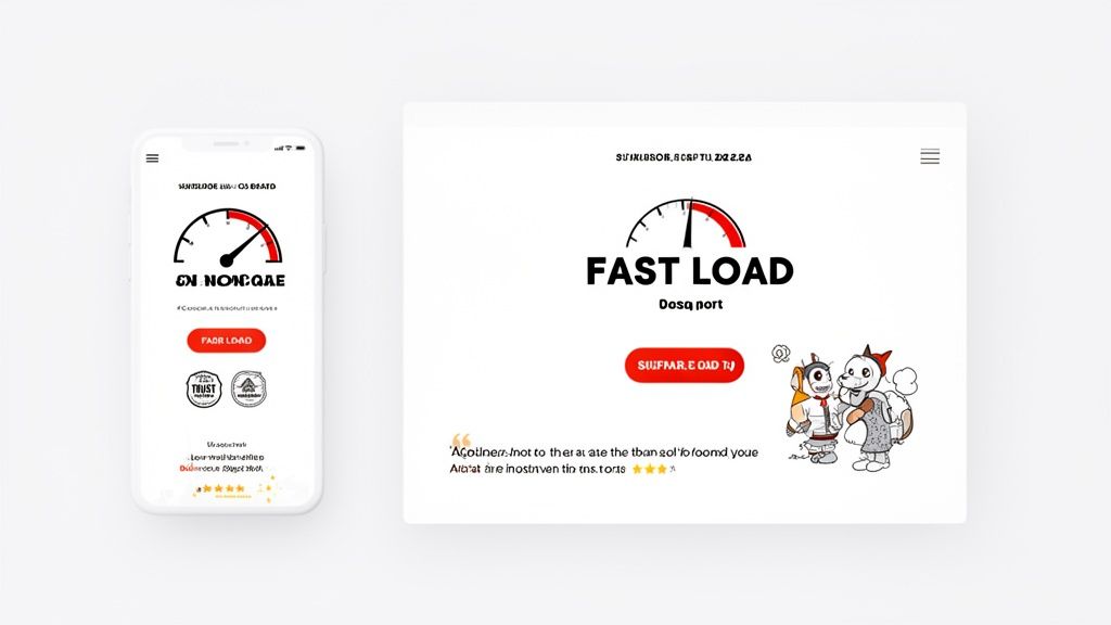 Mobile phone and desktop interface displaying a speed gauge, 'FAST LOAD' text, and website optimization elements.
