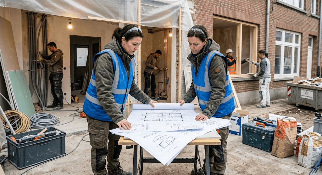 Coordinateur de chantier supervisant plusieurs intervenants sur un projet de rénovation.