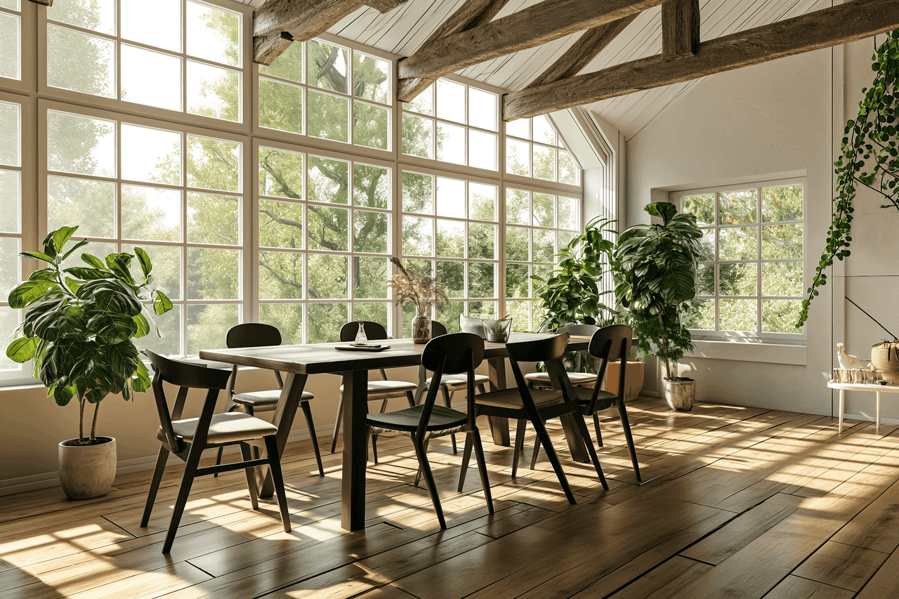 Rustic modern dining room with exposed timber beams, floor-to-ceiling windows, black modern dining set, abundant greenery, and hardwood floors