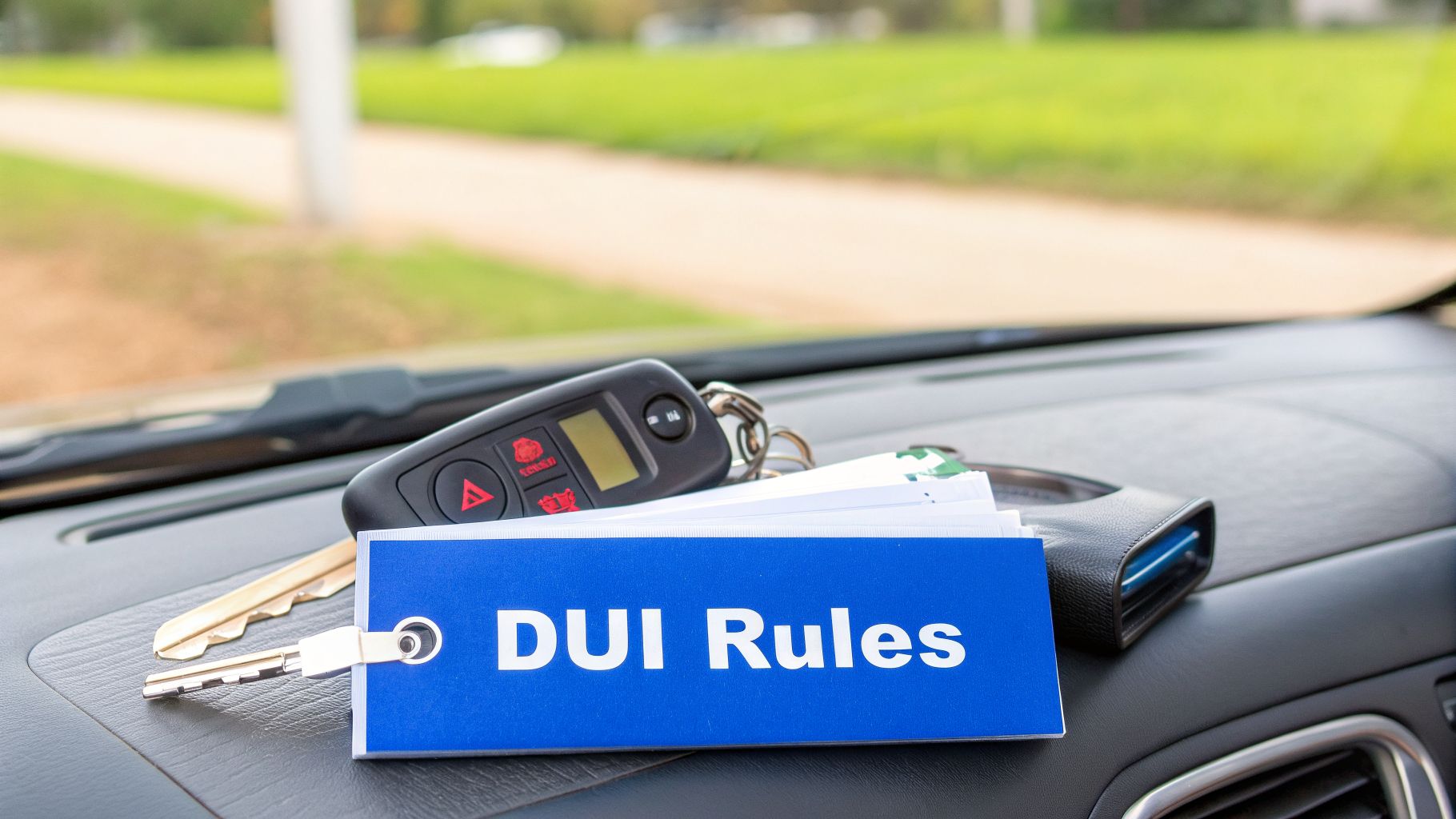 Car keys and a blue tag labeled 'DUI Rules' are on a car dashboard.