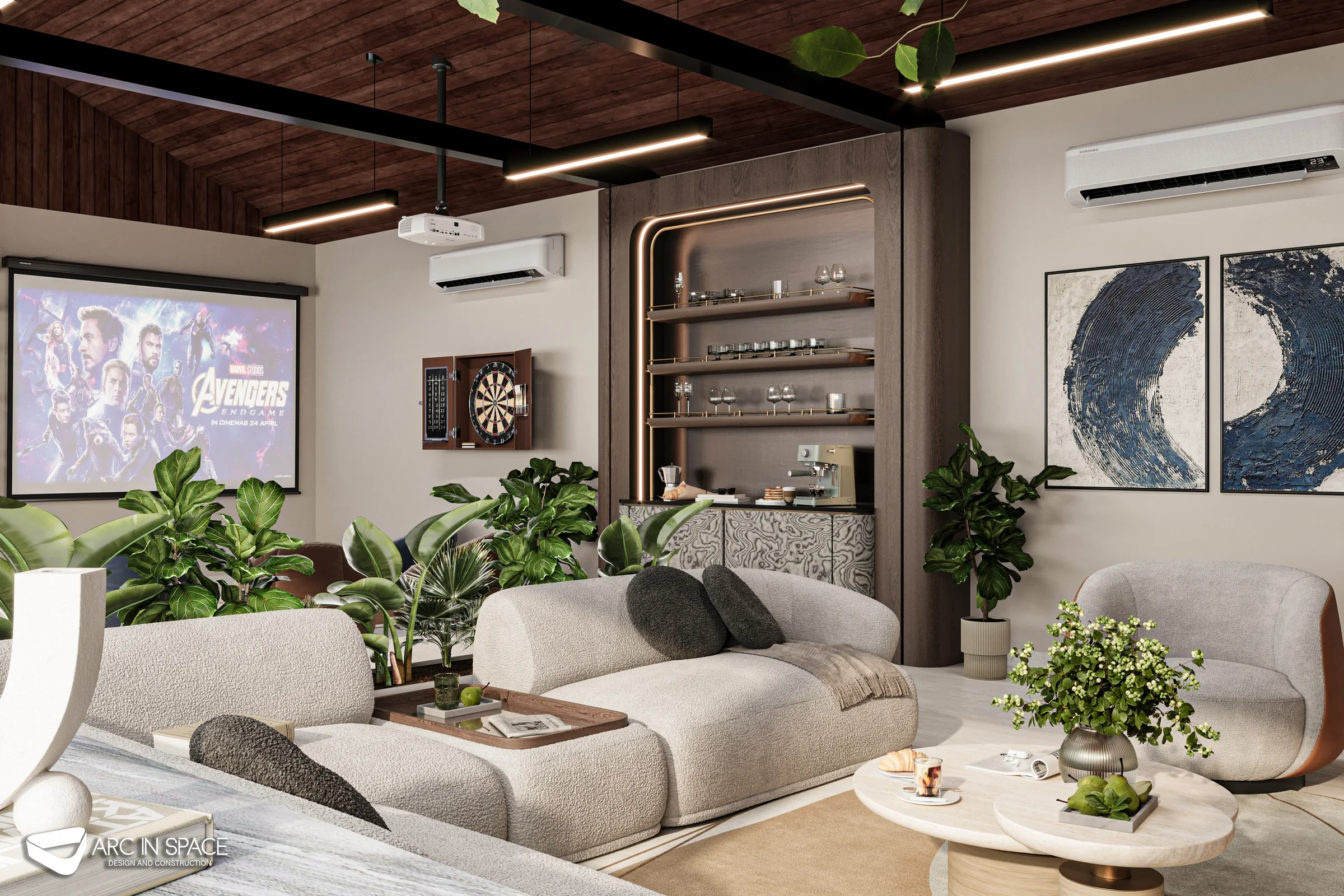 Family lounge seating and projection area in the Abu Dhabi rooftop design, framed by planting and natural light.