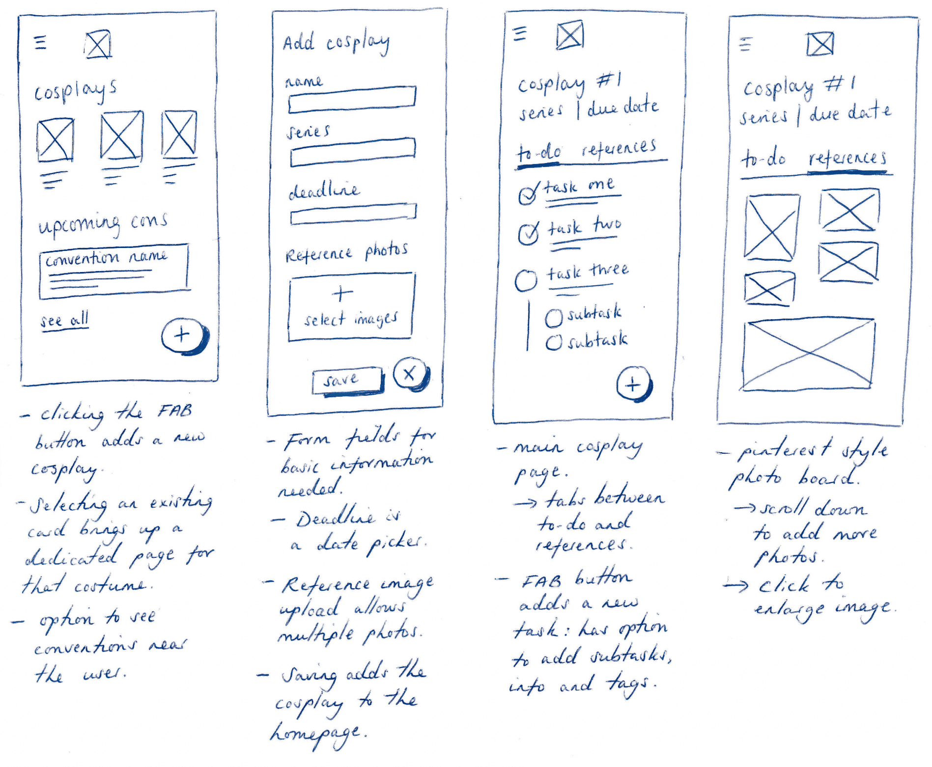 Rough sketches showing the initial UI design thoughts I had for the product.