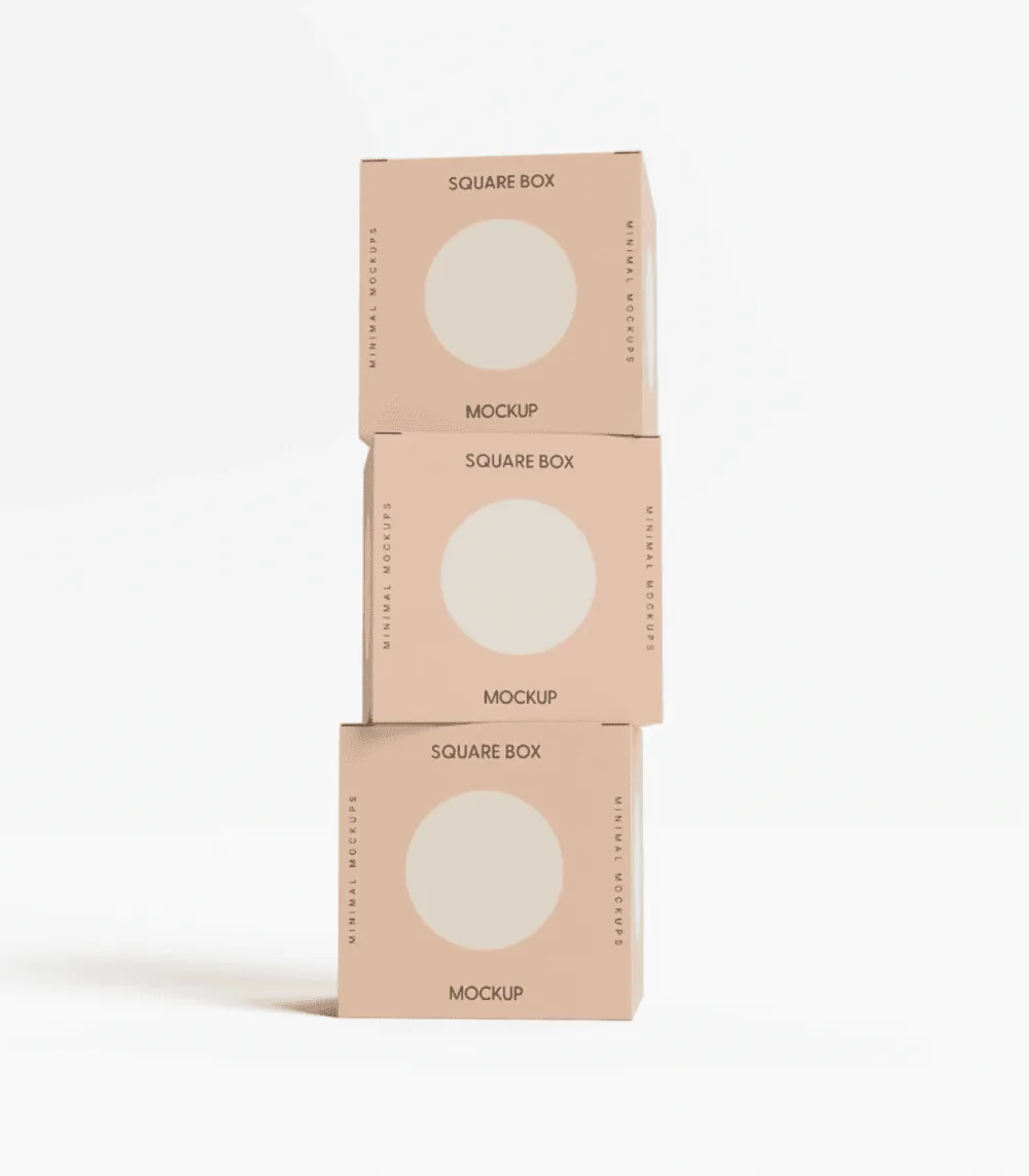 Three pastel-colored square boxes stacked vertically on a white background. Each box features a minimalist design with soft tones and centered circular accents.