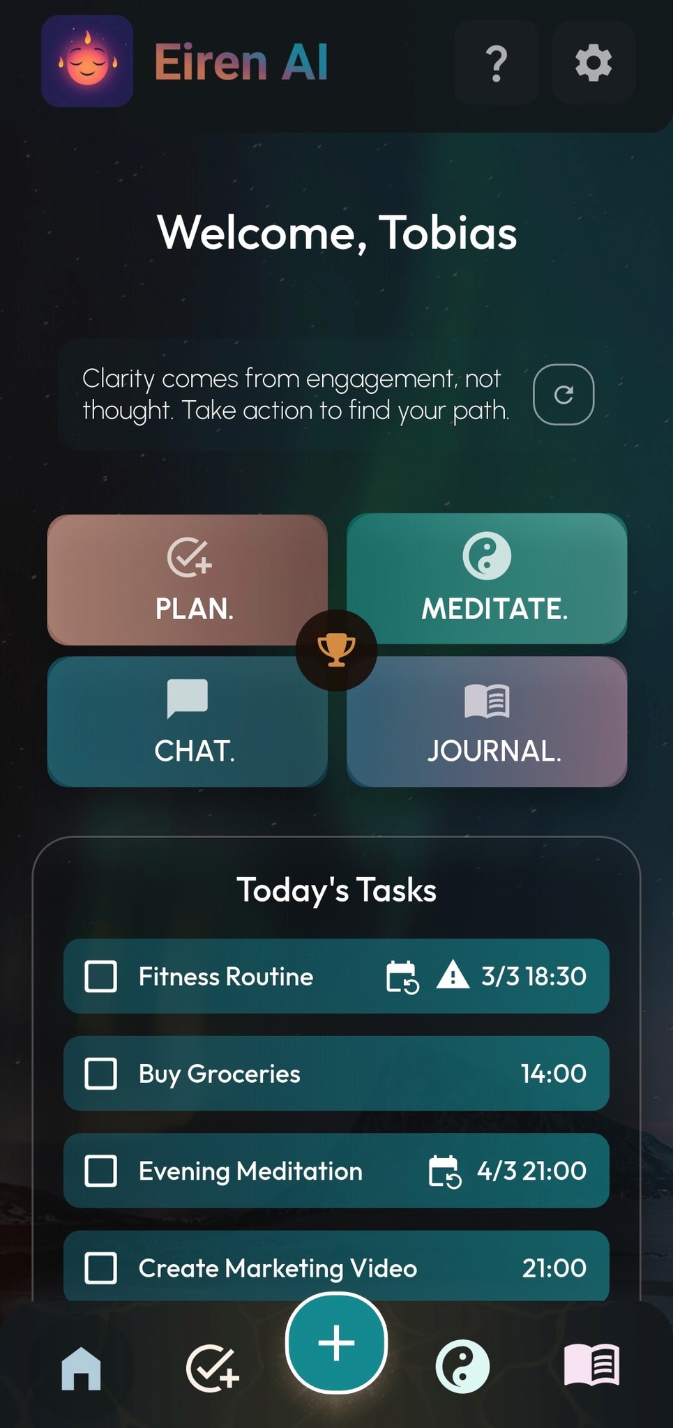 Eiren AI home screen offering quick access to create meditations, journal entries, work on dreams, or chat with the AI assistant.