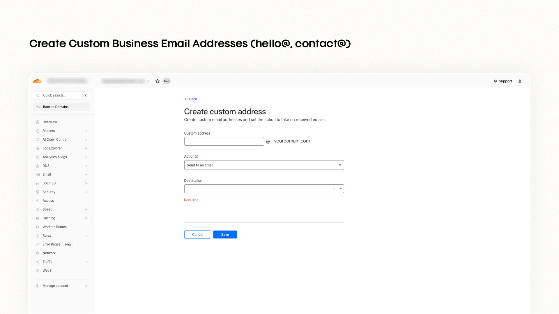 Create custom business email address in Cloudflare dashboard
