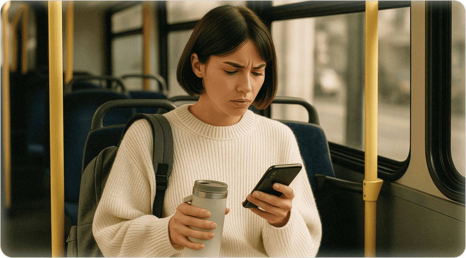 Student checking phone on bus reviewing admissions messages demonstrating mobile-first WhatsApp communication