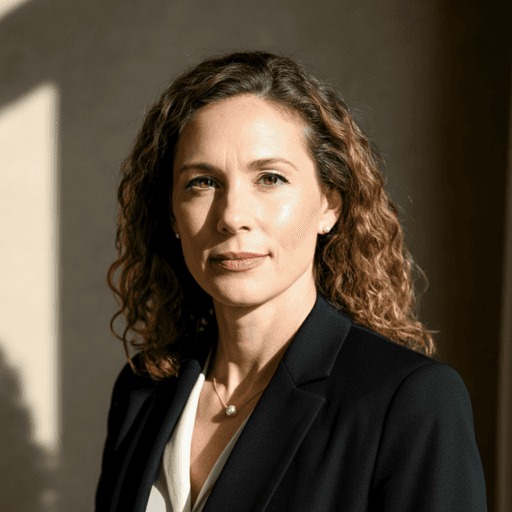 A confident woman with warm brown curly hair and a pearl necklace, illuminated by soft sunlight, representing expertise.