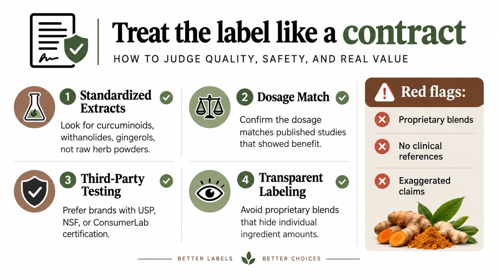 An infographic titled Treat the label like a contract, outlining four tips for selecting safe, high-quality supplements.