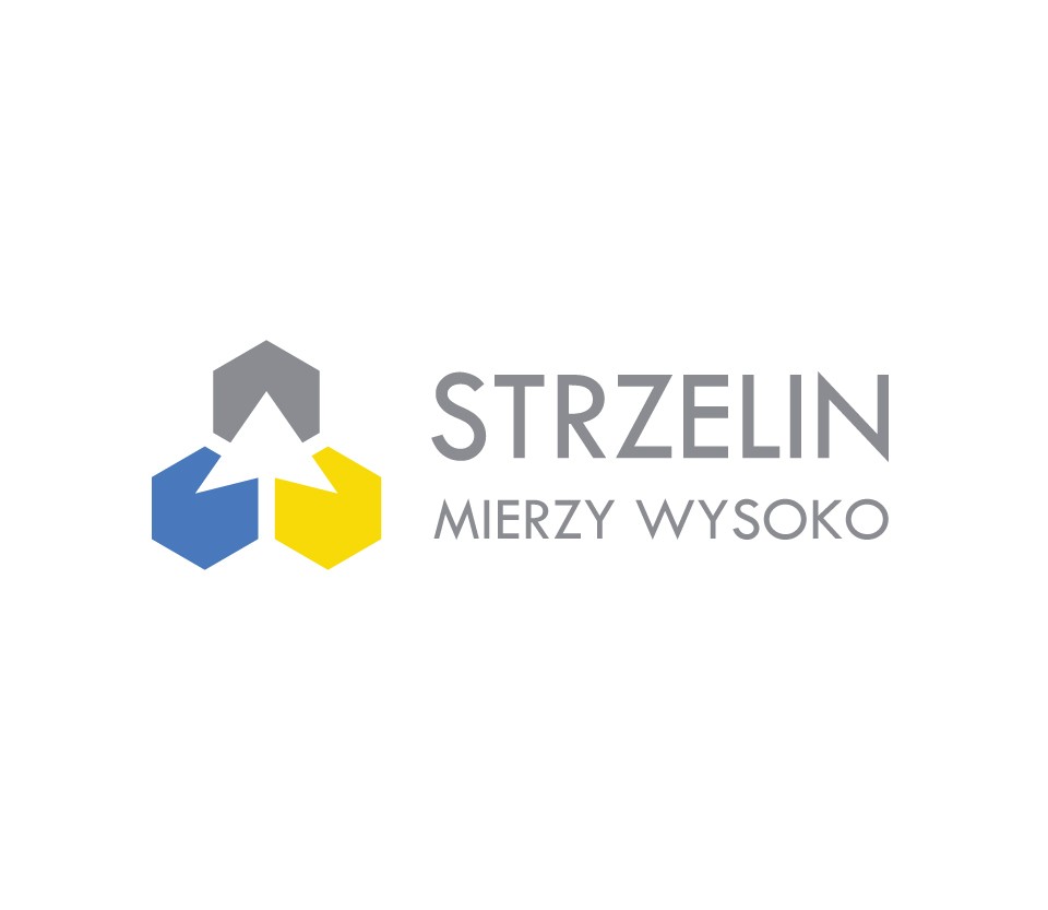 Projekt logo i hasła promocyjnego "Strzelin Mierzy Wysoko" – geometryczny sygnet nawiązujący do lokalnych zasobów (granit).