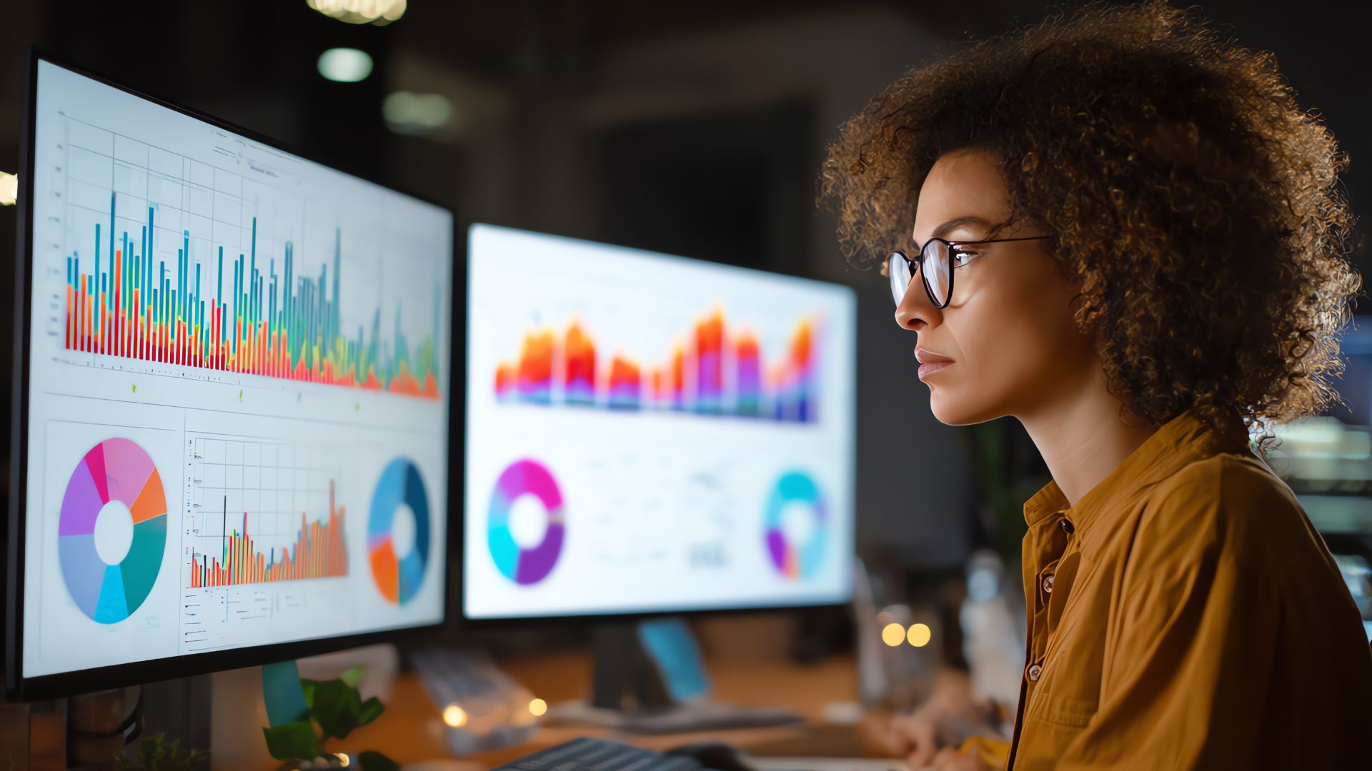 A person in glasses studies dashboards with charts on two monitors