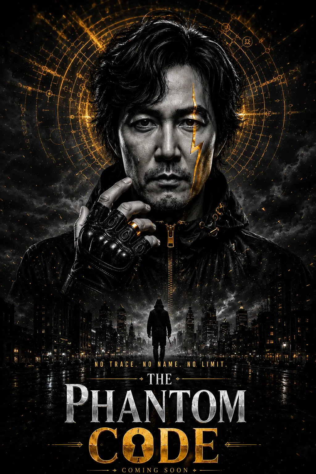 AI-generated cyber-noir movie poster of a serious man in monochrome with golden circuitry and a futuristic city below.