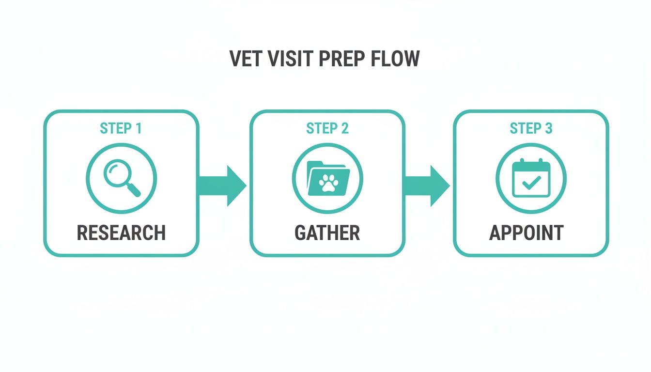 Flowchart outlining three steps for vet visit preparation: Research, Gather, and Appoint.