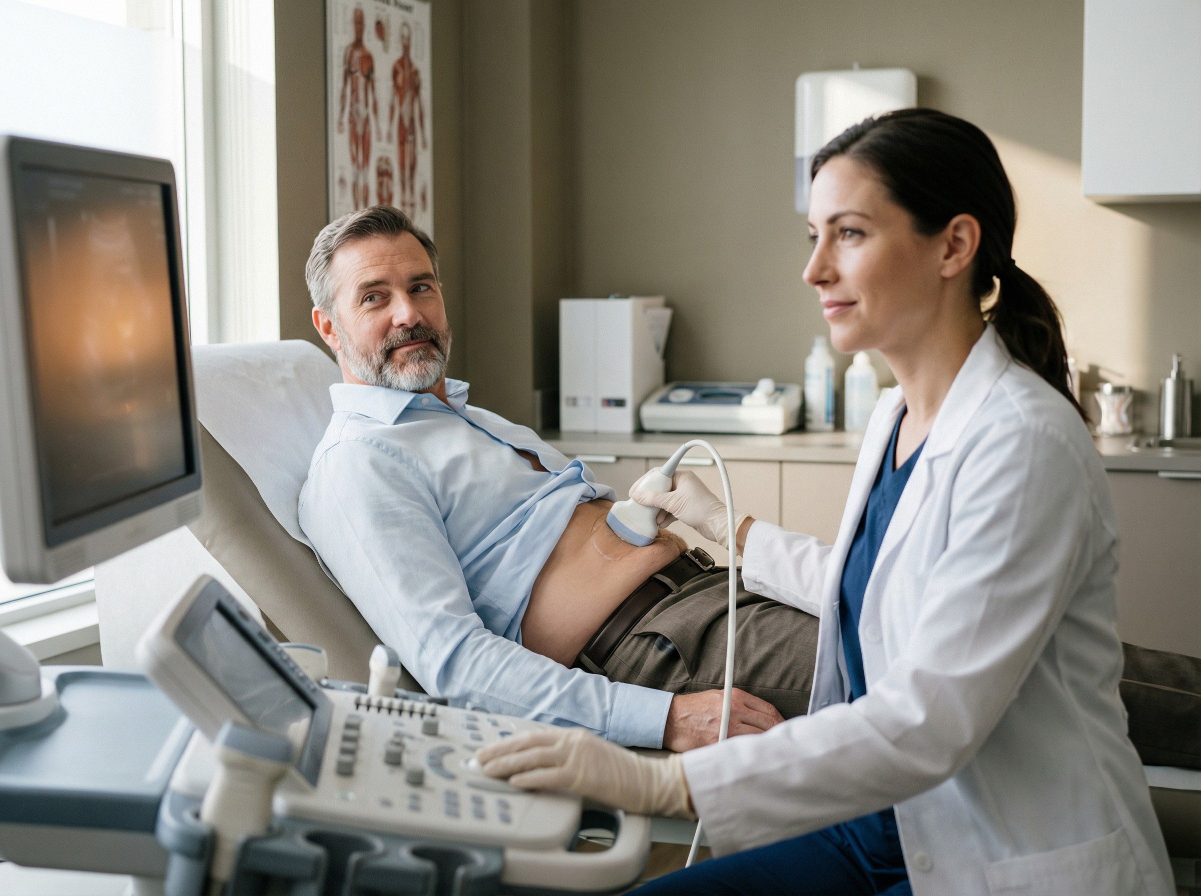 Eine Führungskraft sitzt entspannt auf einer Untersuchungsliege, während eine Ärztin behutsam den Ultraschallkopf ansetzt. Ein gedämpftes Licht schafft Ruhe, im Hintergrund hängt ein neutraler Anatomieplan. Alles wirkt strukturiert, der Ablauf ist klar, die Untersuchung konzentriert sich auf einen präzisen Moment.