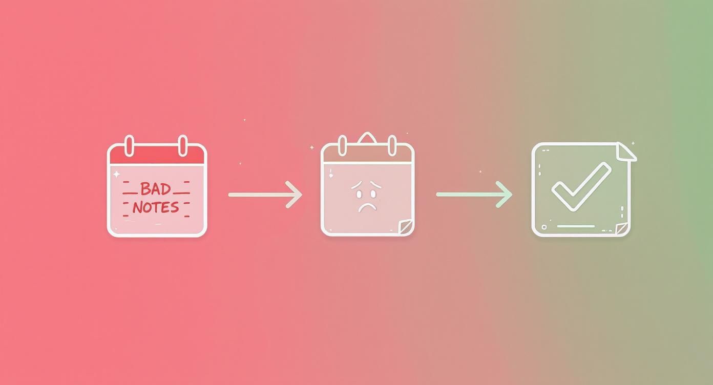 A visual illustrating the process of transforming bad notes into effective, checked-off tasks.