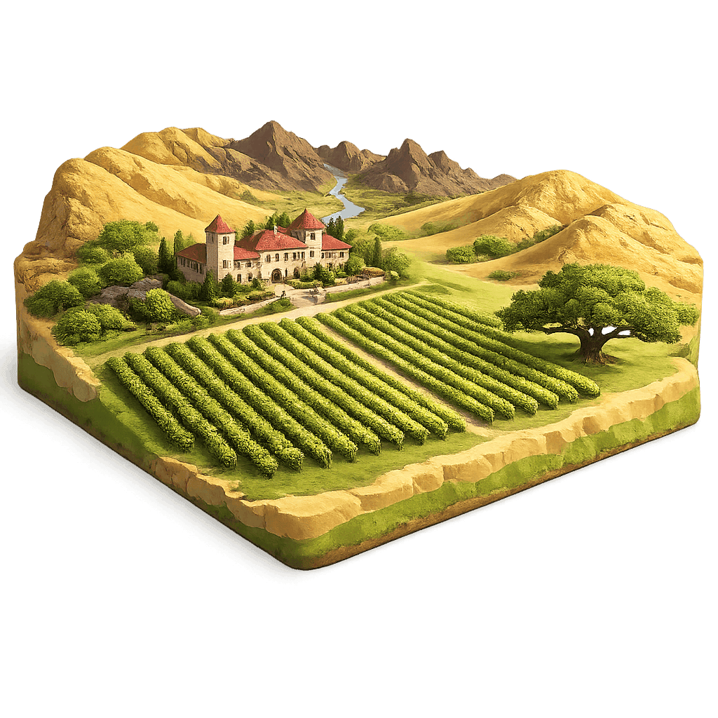 Artistic illustration of the Napa Valley wine region.