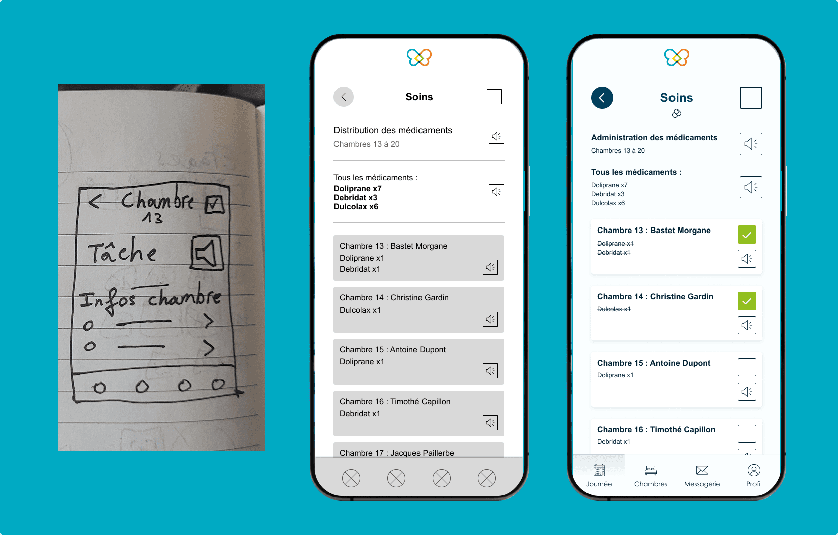 Evolution wireframe -> Prototype medium-fidelity -> Prototype high-fidelity de la fonctionnalité To-do list avec le détails des chambre de l'application.