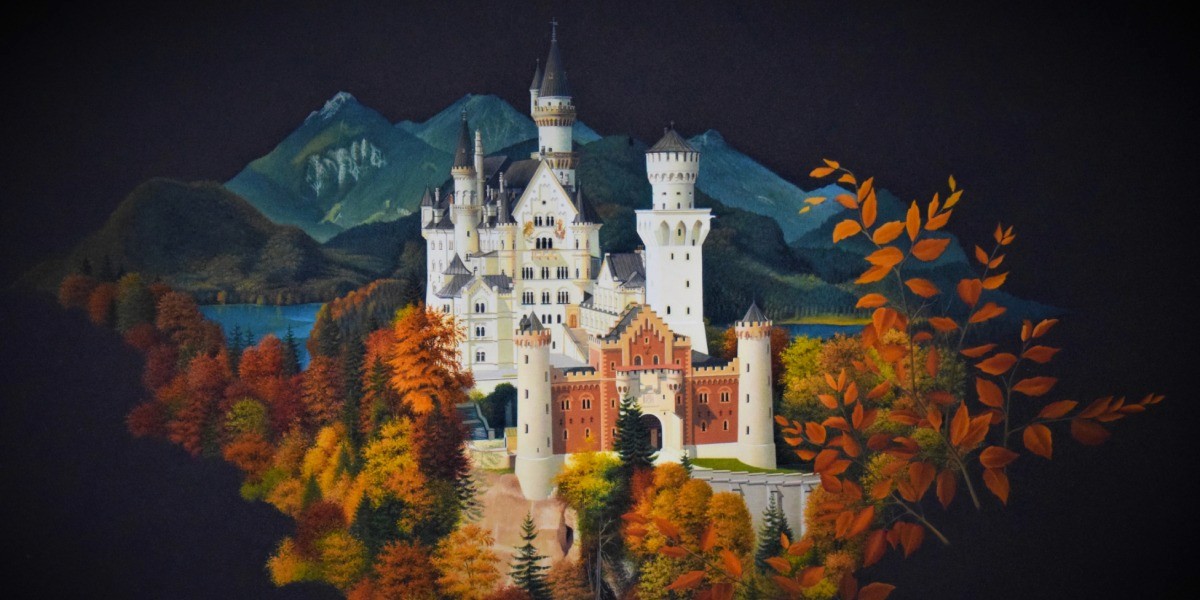 Neuschwanstein Castle in Germany, miniature gouache painting by Christian Rzyski, 50x30 cm, 600 hours of work.