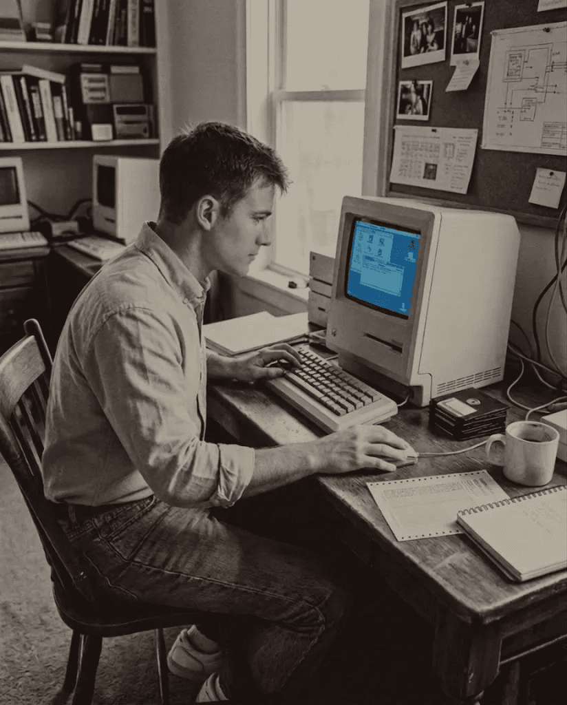 Designer working at vintage computer