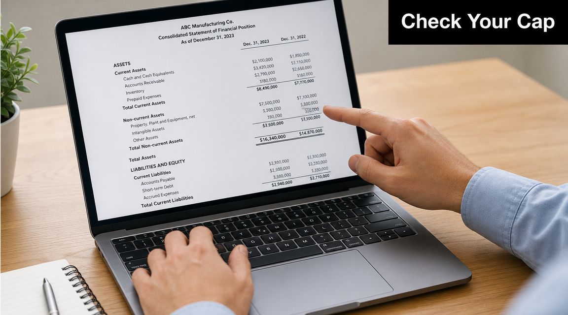 A person reviewing a consolidated statement of financial position on a laptop computer screen.