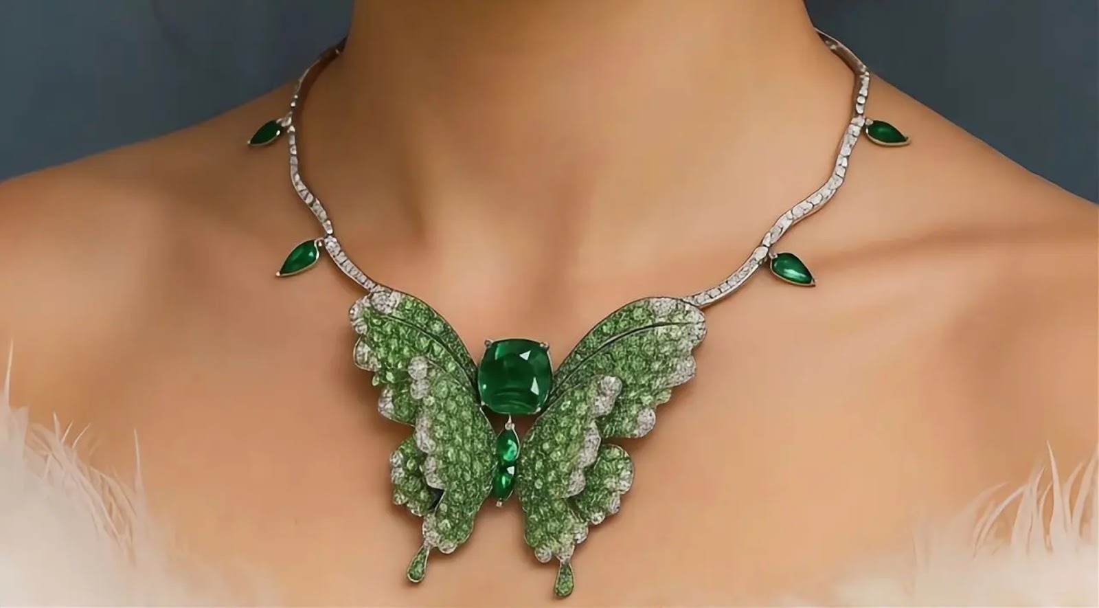 "Elegant green butterfly necklace from Azzallure, showcasing bespoke luxury with ethically sourced diamonds and personalized craftsmanship."