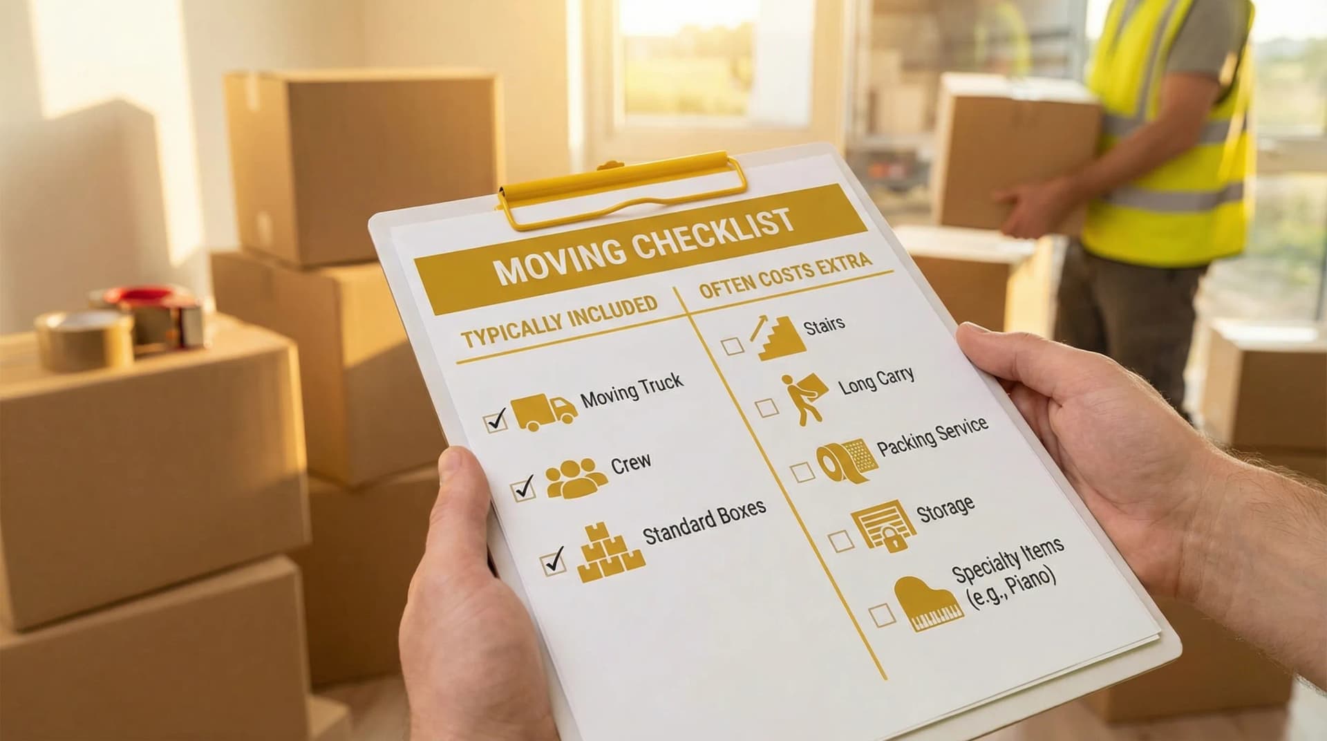 A clear moving checklist layout showing two columns, “Typically Included” and “Often Costs Extra,” with icons for truck, crew, boxes, stairs, long carry, packing, storage, and specialty items.