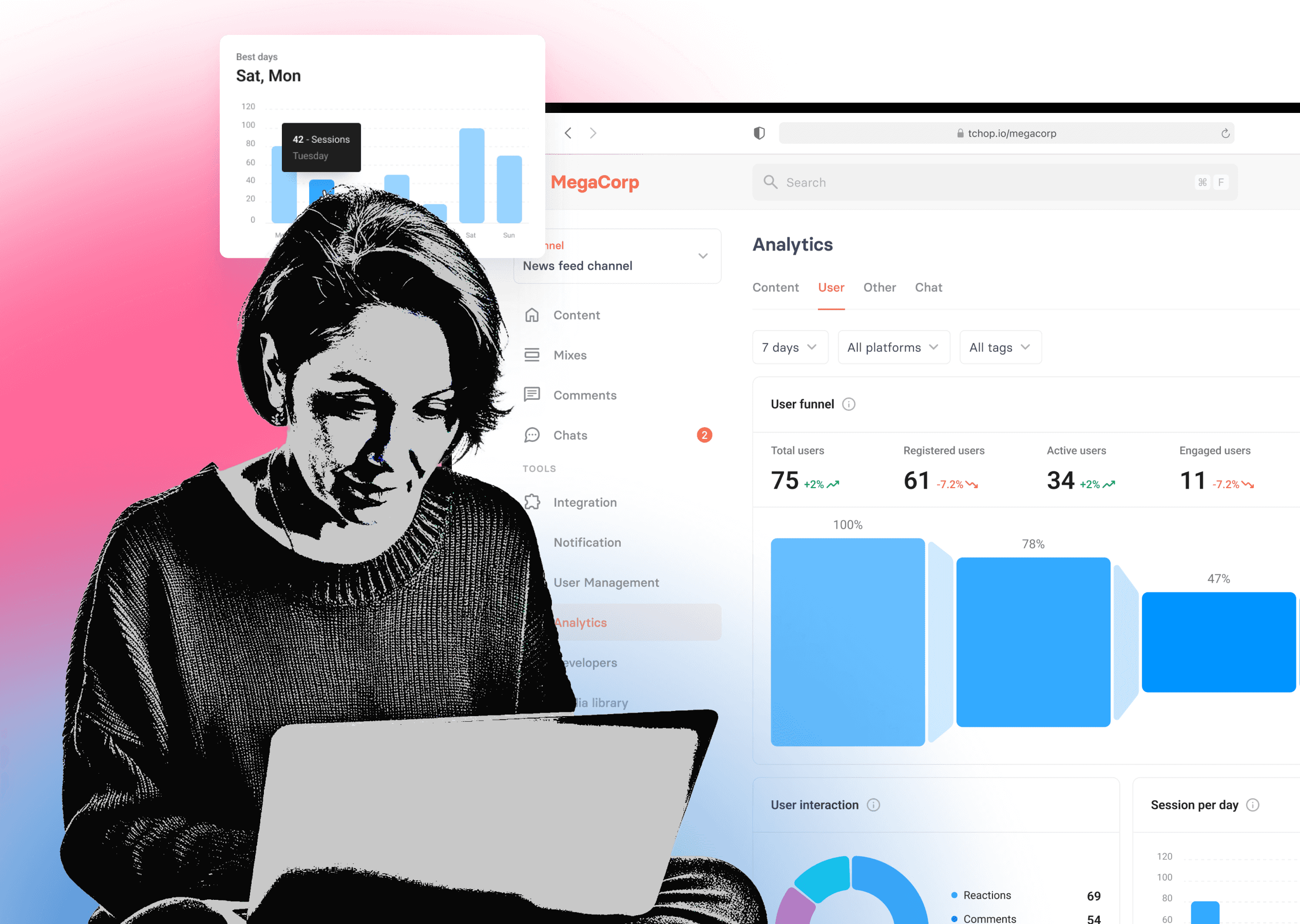 User analysing engagement data on tchop's analytics dashboard to optimise content strategy and monitor real-time interactions for improved decision-making.