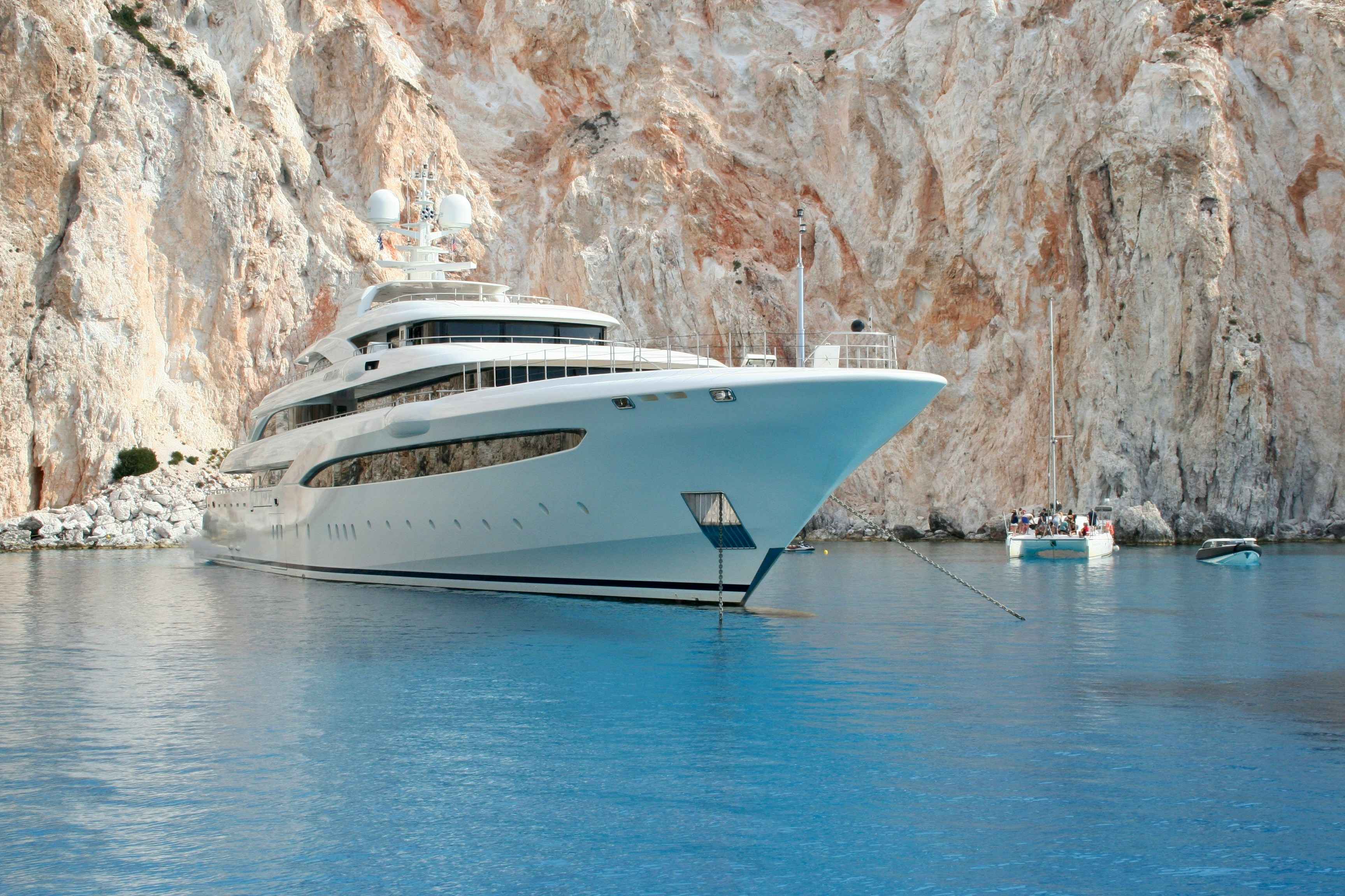 Foreign-flagged luxury yacht anchored along the Antalya coastline in Turkey