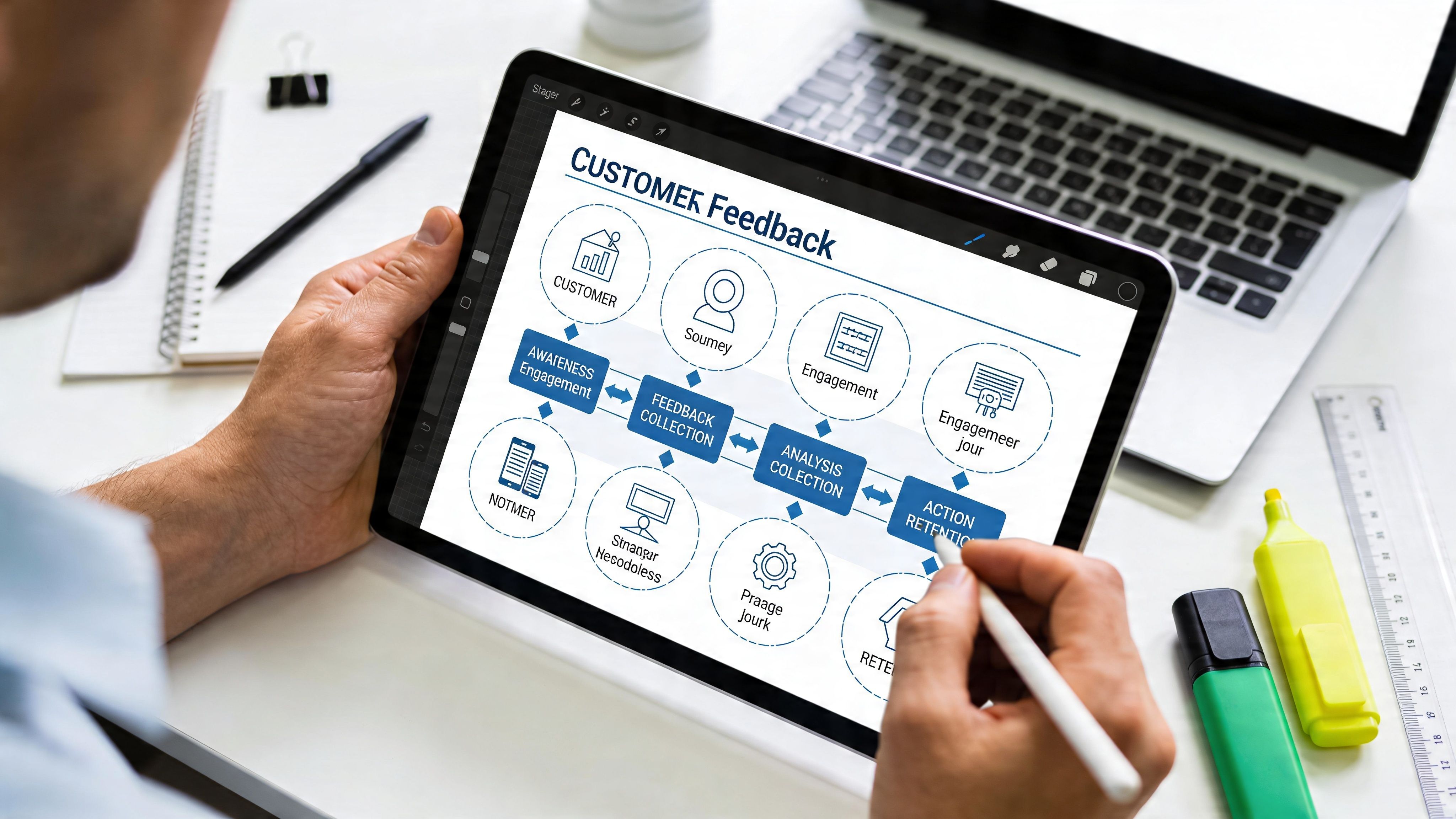 A person using a stylus on a tablet showing a customer feedback automation workflow chart.