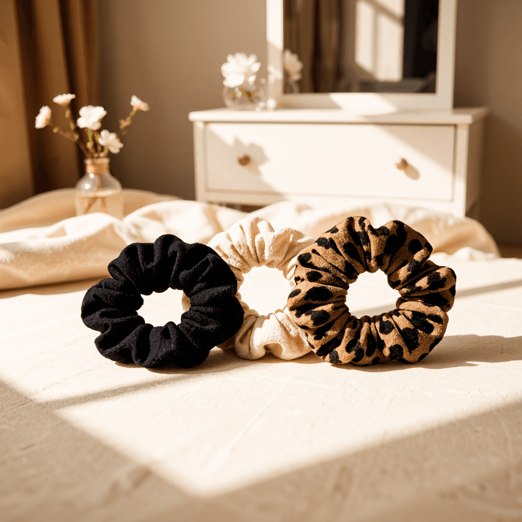 product photography of a set of hair scrunchies, used for tying hair