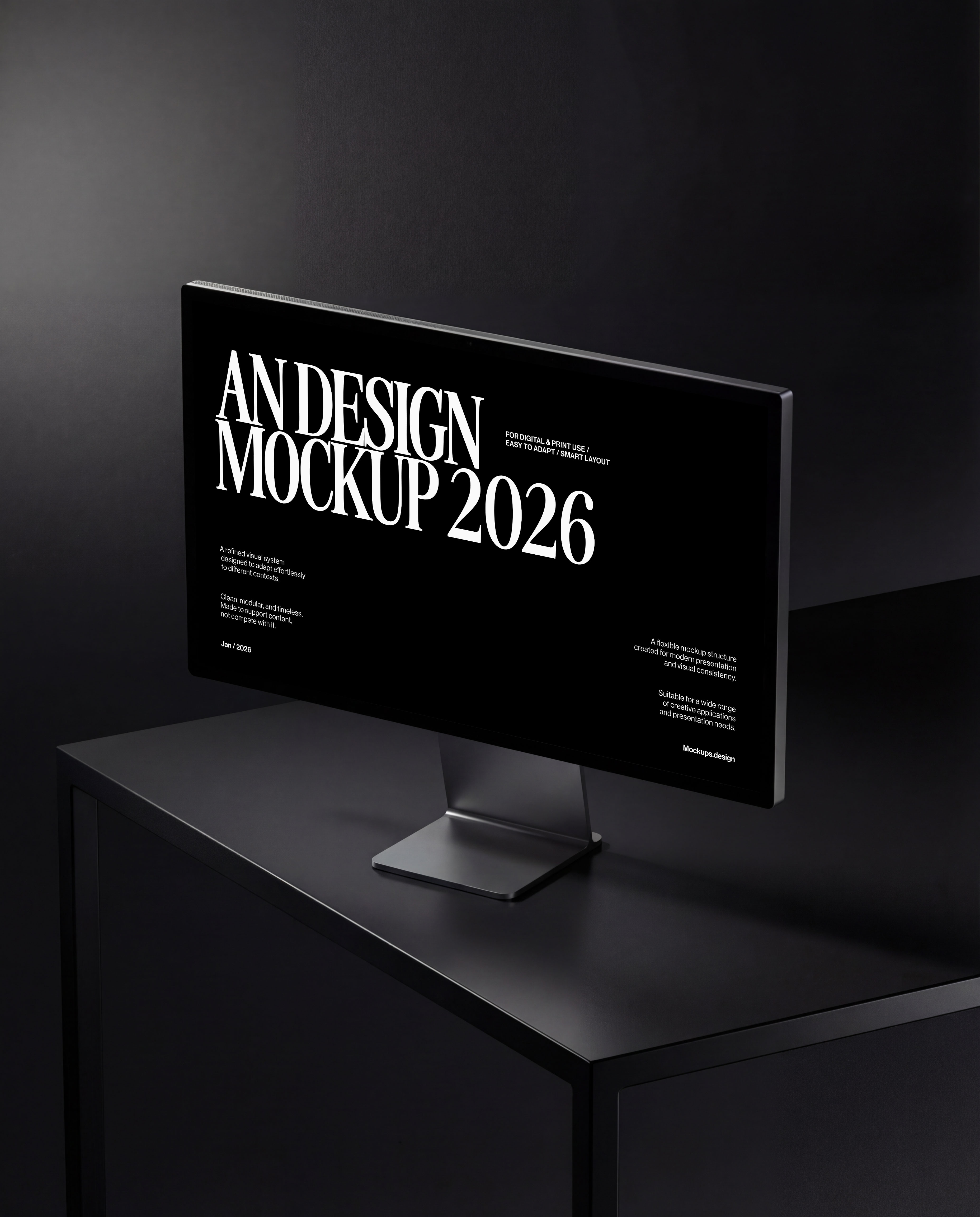 Display mockup on dark sleek background, realistic setup