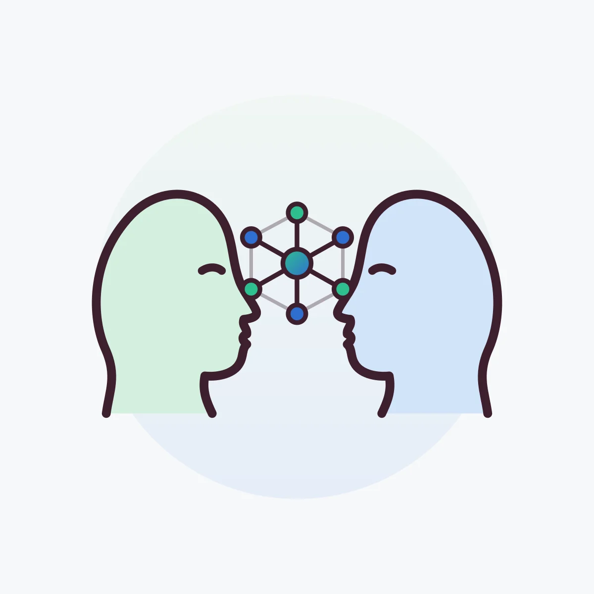 Zwei Profilgesichter in Grün und Blau, zwischen ihnen ein Netz aus verbundenen Punkten als Sinnbild für systemische Paartherapie