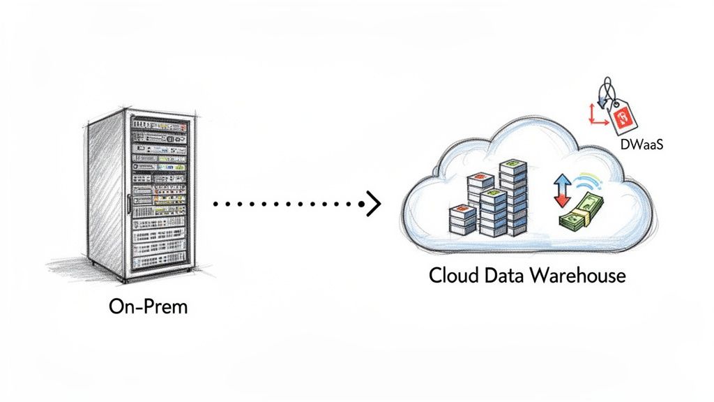 Diagram illustrating data migration from on-premise infrastructure to a scalable cloud data warehouse.