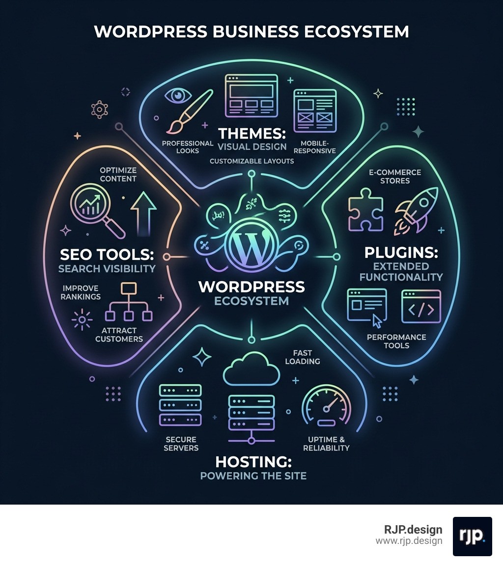 WordPress ecosystem infographic showing plugins, themes, hosting, and SEO tools for business - wordpress website for