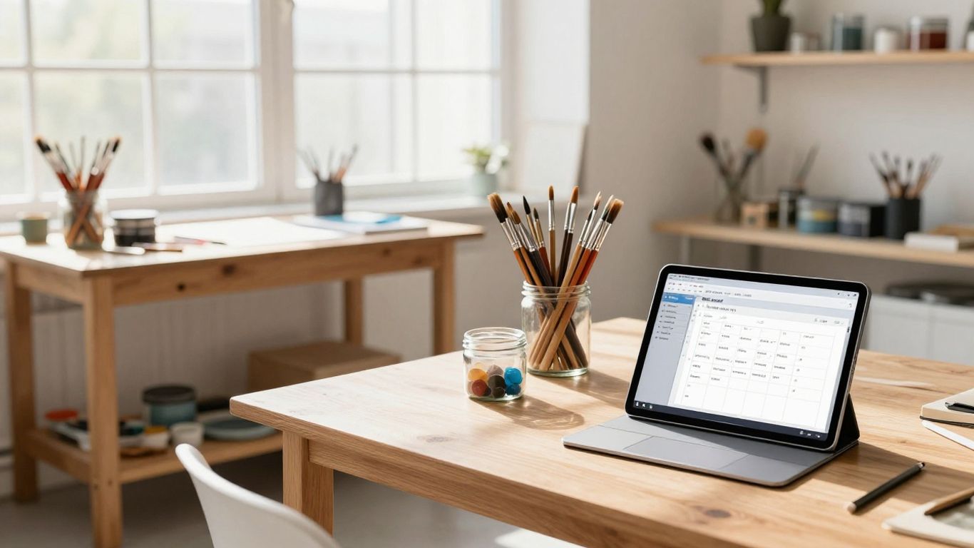 A vibrant art studio with digital screens