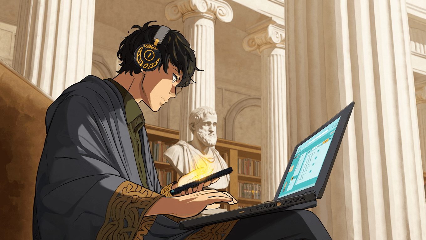 Happy college student studying with a laptop in a bright modern setting