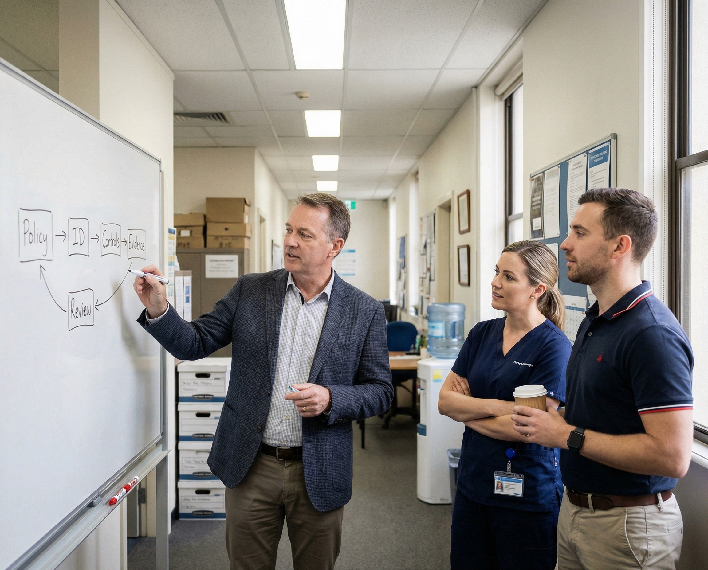 A WHS lead in her early 40s and a line manager in his mid-30s standing together in a well-lit manufacturing office that overlooks the production floor through interior windows. She is holding a tablet showing a control record with a status indicator, an owner name field, and a review date — visible in structure but not legible — and is walking him through a specific control, explaining what needs to happen and by when.