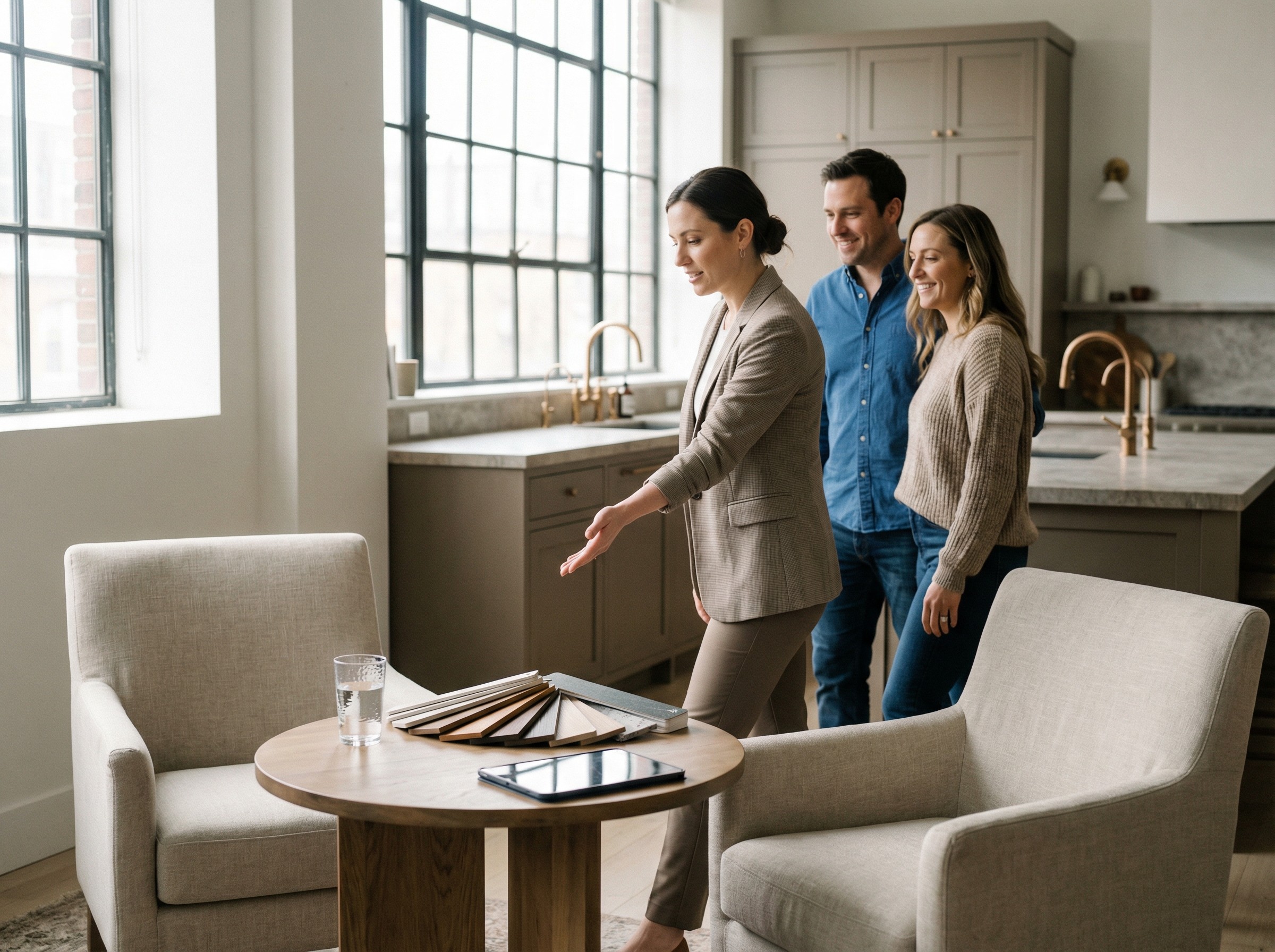 Ein Berater führt ein Paar zu einer ruhigen Beratungsecke, wo zwei Stühle bereits ausgerichtet sind. Ein Glas Wasser steht bereit, Farbmuster liegen geordnet. Die Szene vermittelt Verbindlichkeit und gute Vorbereitung. Alles wirkt abgestimmt und zeitlich passend.