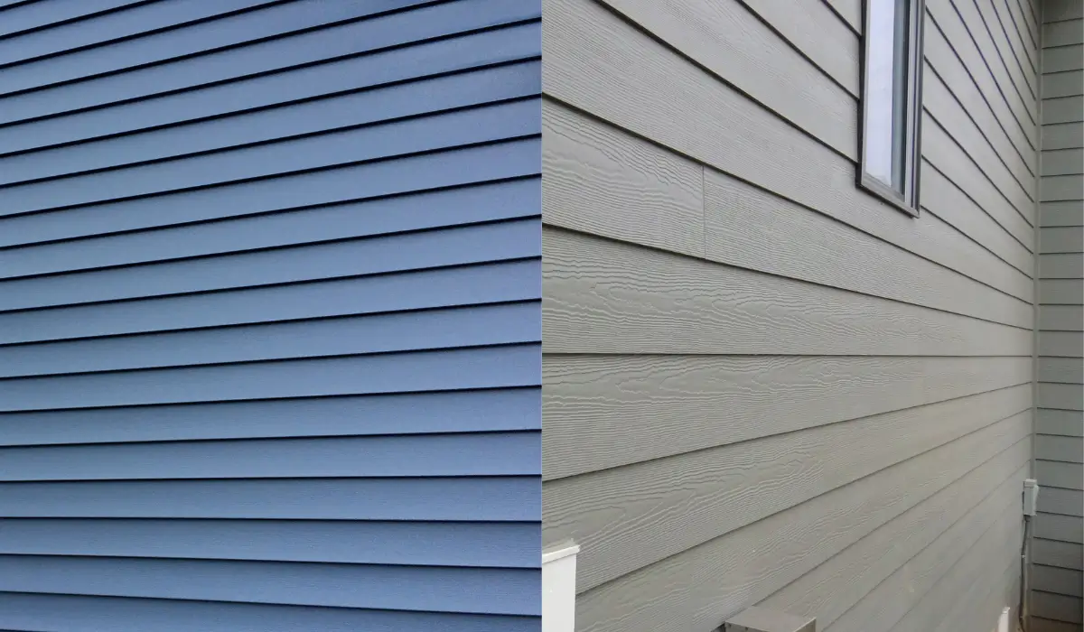 Vinyl vs. Fiber Cement Siding side-by-side comparison showing texture, panel style, and exterior appearance differences on Illinois residential homes