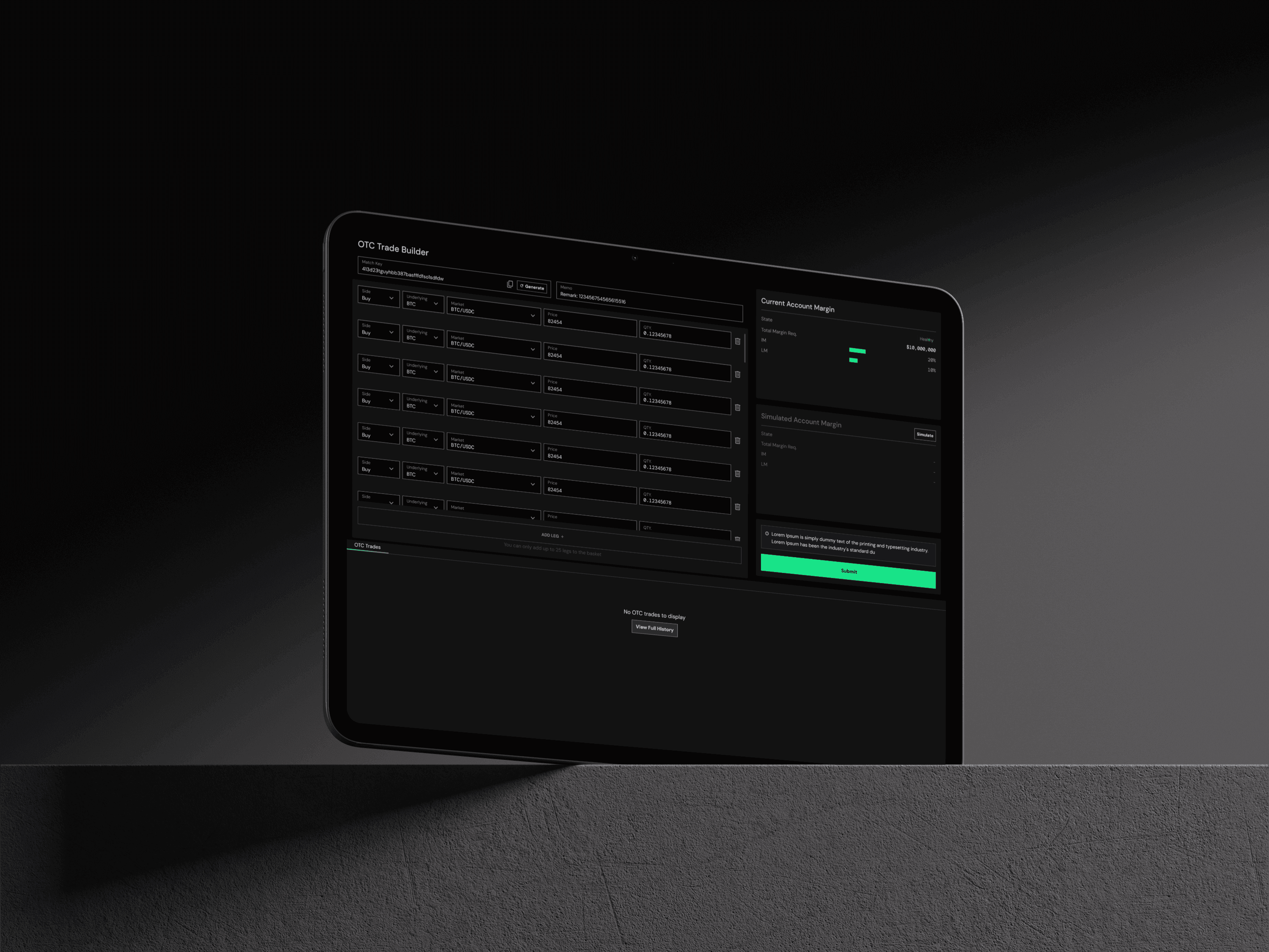 Samsung Galaxy Book laptop mockup displaying a complex dark-mode Enterprise UX institutional trading platform, featuring an OTC Trade Builder interface, high-density data grids, account margin calculators, and financial risk frameworks.