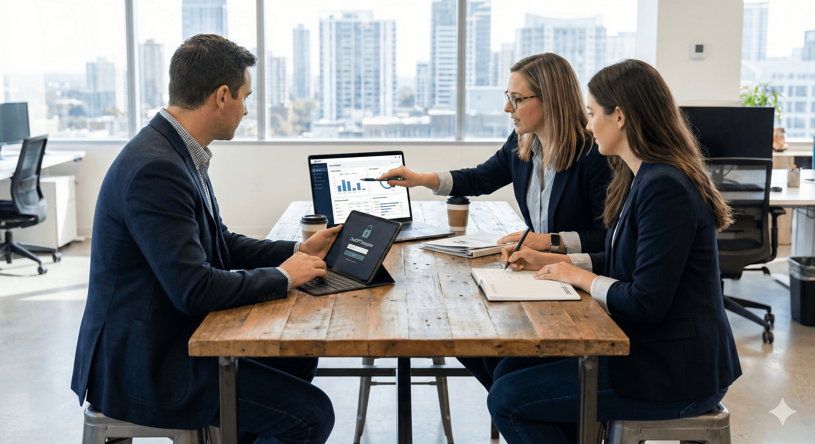 Three professionals in a modern office setting discuss a presentation on a laptop, which displays data charts, reflecting a collaborative business meeting about ChatGPT Enterprise: pricing, security, and rollout guide.