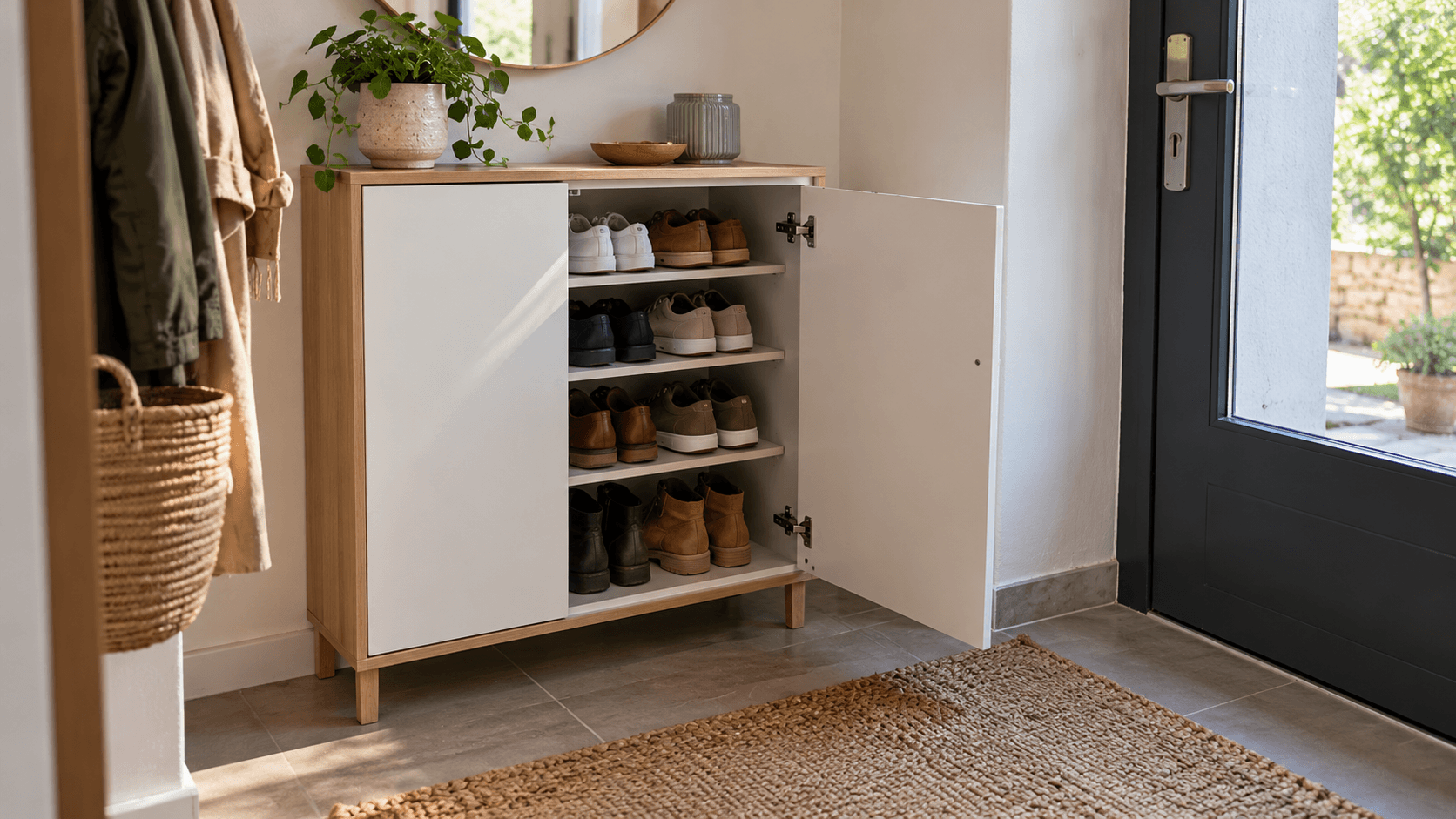 Un meuble à chaussures peu profond présente une porte ouverte et plusieurs paires rangées sur ses étagères.